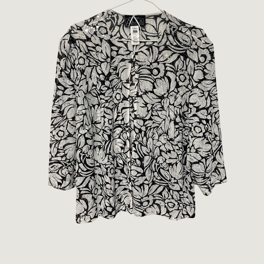 Alex Evenings Womens 1X Black White Floral Lace Sequin Open Front Jacket Shrug